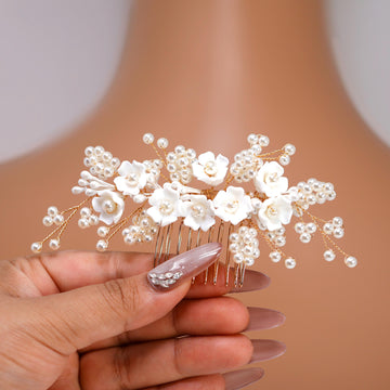 Ceramic White flower In Faux Pearly Garden Hair comb, Bridal Hair piece, Bridal Hair Accessories, Wedding Hair Accessory.